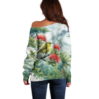 Aloha Hawaii Amakihi Ohia Lehua Watercolor Off Shoulder Sweater LT14 - Polynesian Pride