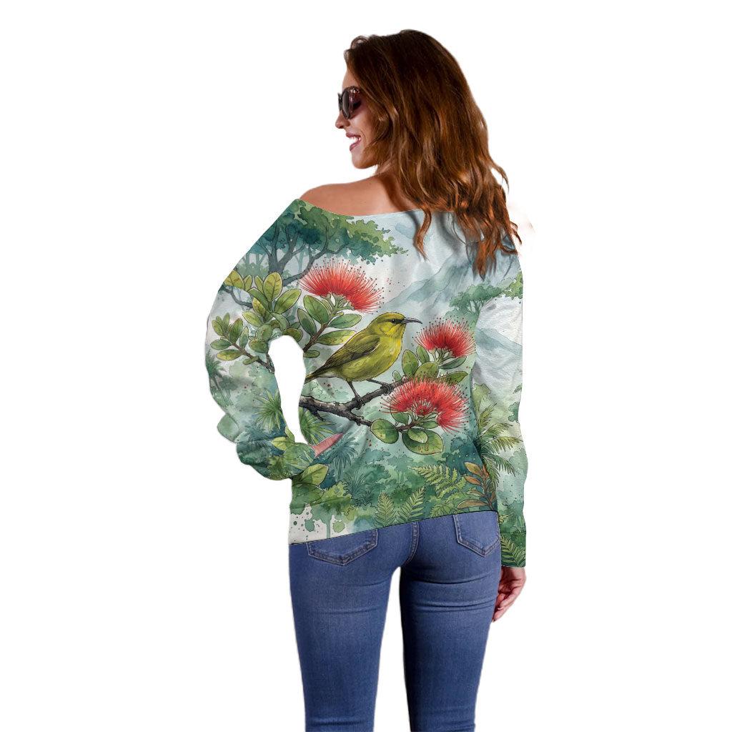Aloha Hawaii Amakihi Ohia Lehua Watercolor Off Shoulder Sweater LT14 - Polynesian Pride