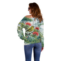 Aloha Hawaii Amakihi Ohia Lehua Watercolor Off Shoulder Sweater LT14 - Polynesian Pride