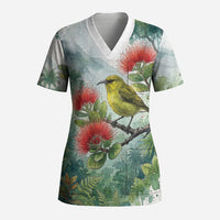 Aloha Hawaii Amakihi Ohia Lehua Watercolor Scrub Top LT14 Adult Watercolor - Polynesian Pride