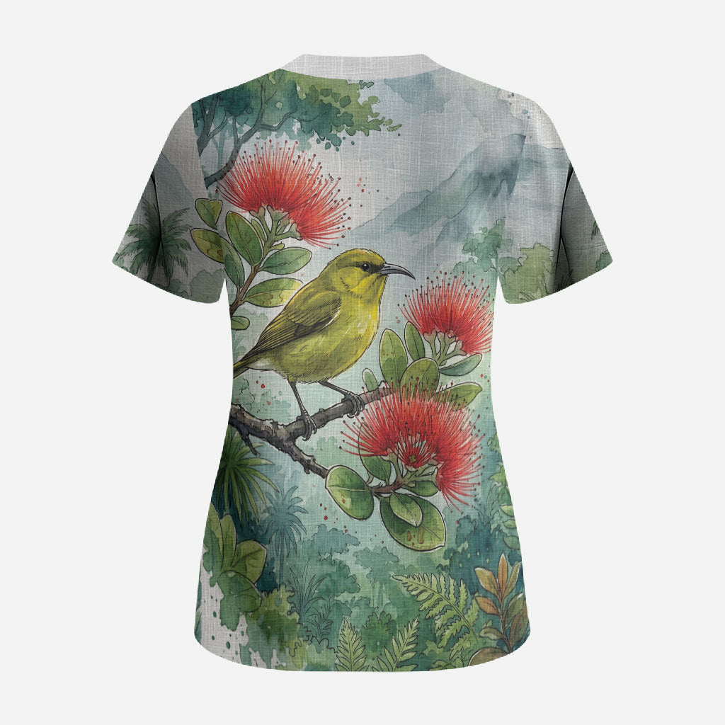 Aloha Hawaii Amakihi Ohia Lehua Watercolor Scrub Top LT14 - Polynesian Pride