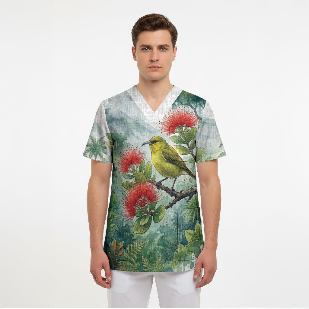 Aloha Hawaii Amakihi Ohia Lehua Watercolor Scrub Top LT14 - Polynesian Pride