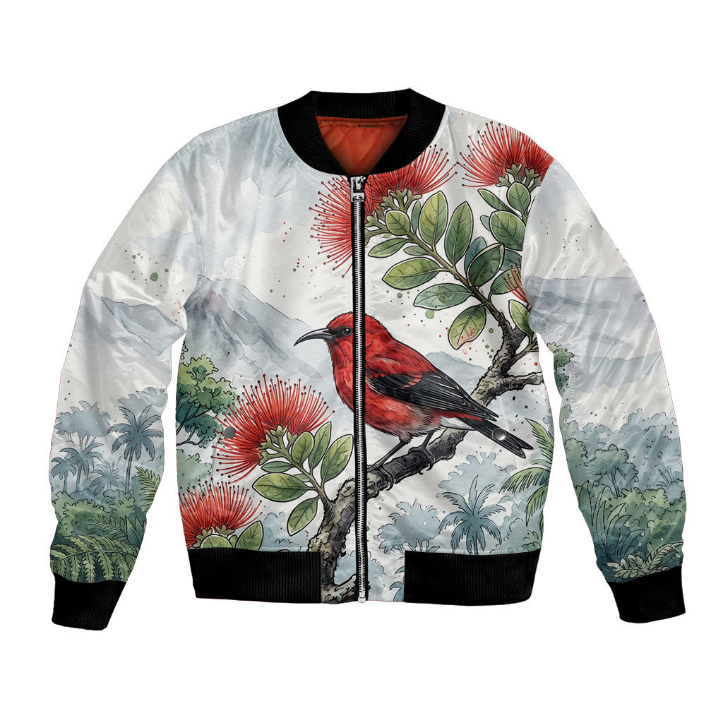 Aloha Hawaii Apapane Ohia Lehua Watercolor Bomber Jacket LT14 Unisex Watercolor - Polynesian Pride