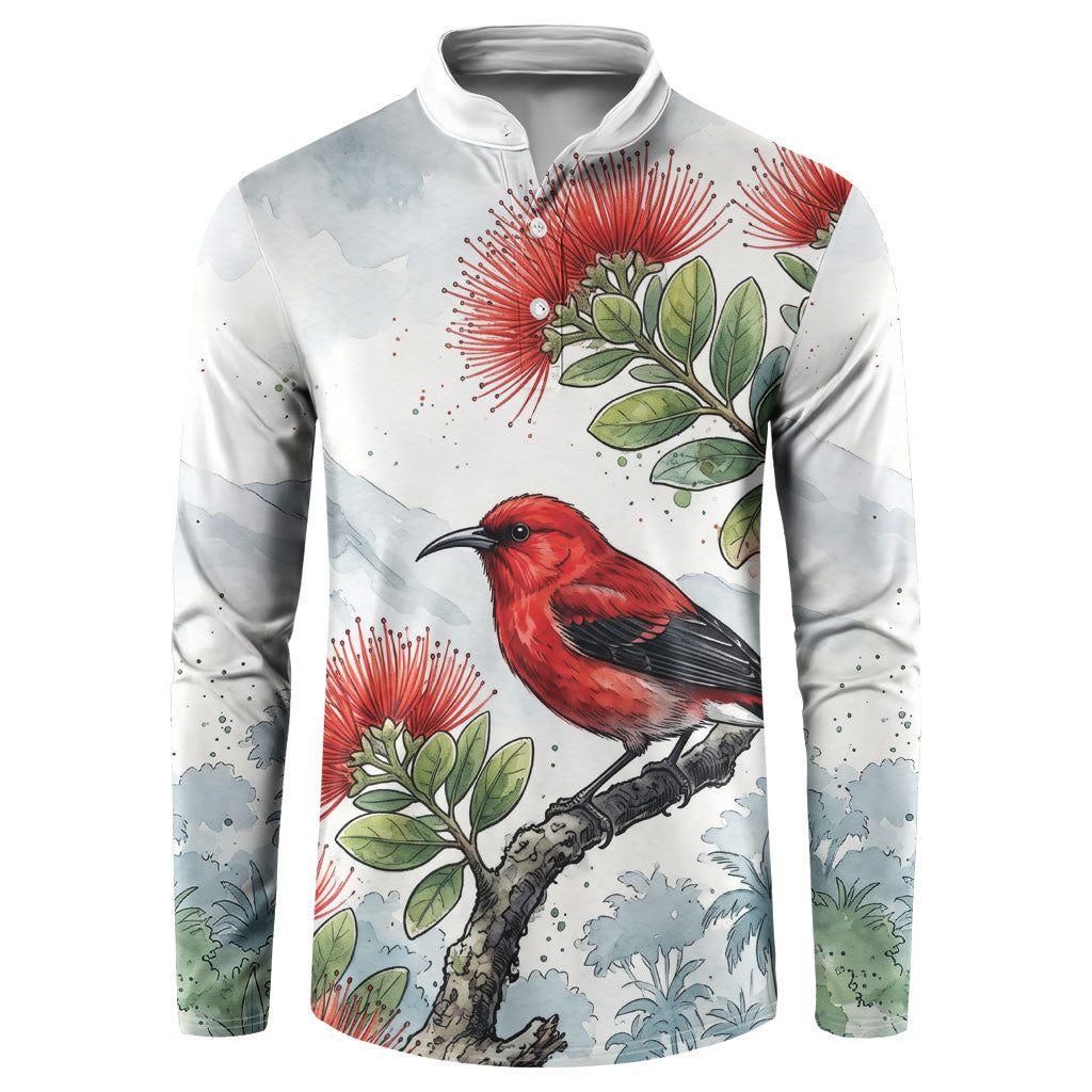 Aloha Hawaii Apapane Ohia Lehua Watercolor Button Sweatshirt