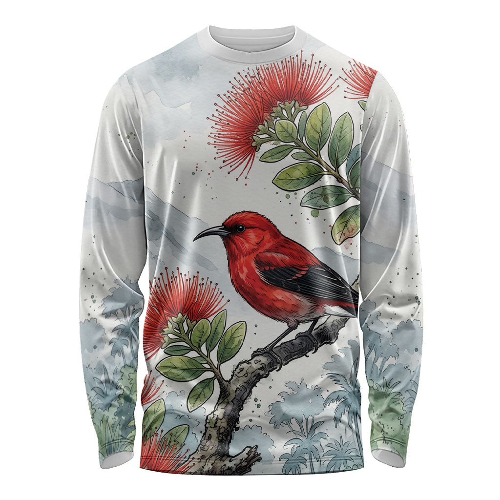 Aloha Hawaii Apapane Ohia Lehua Watercolor Long Sleeve Shirt LT14 Unisex Watercolor - Polynesian Pride