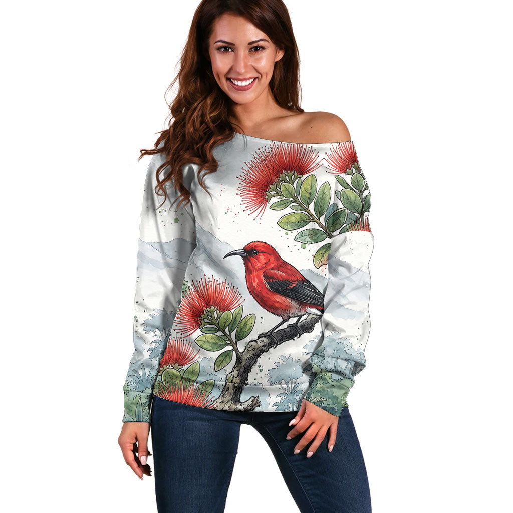Aloha Hawaii Apapane Ohia Lehua Watercolor Off Shoulder Sweater LT14 Women Watercolor - Polynesian Pride
