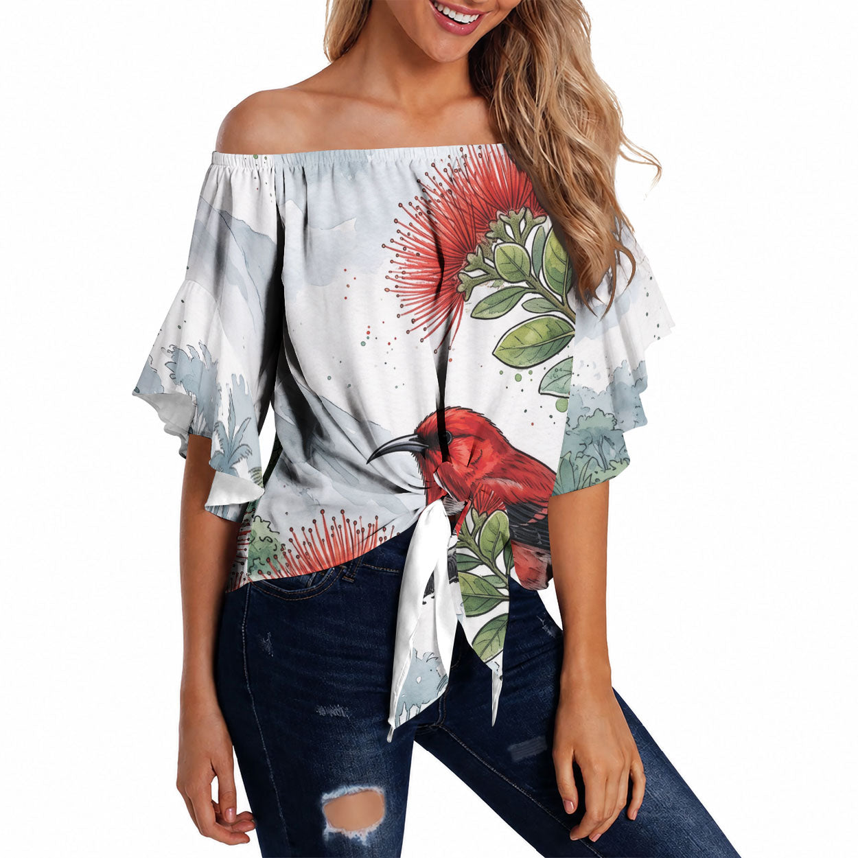 Aloha Hawaii Apapane Ohia Lehua Watercolor Off Shoulder Wrap Waist Top LT14 Watercolor - Polynesian Pride