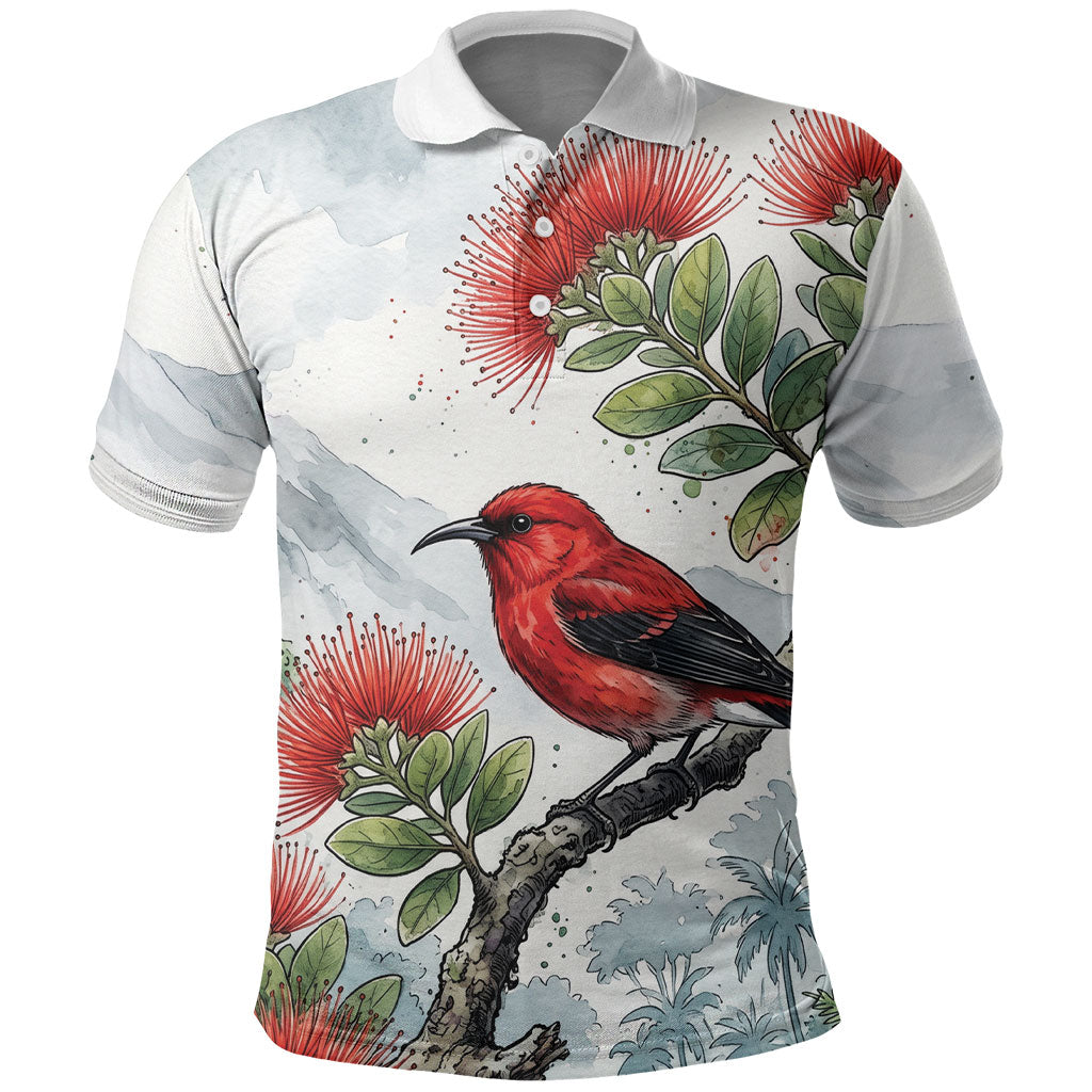 Aloha Hawaii Apapane Ohia Lehua Watercolor Polo Shirt LT14 Watercolor - Polynesian Pride