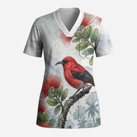Aloha Hawaii Apapane Ohia Lehua Watercolor Scrub Top LT14 Adult Watercolor - Polynesian Pride