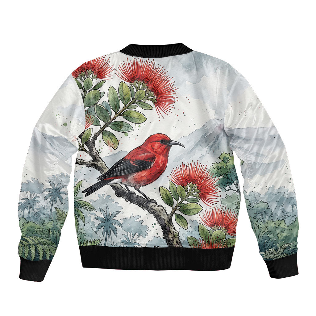 Aloha Hawaii Apapane Ohia Lehua Watercolor Sleeve Zip Bomber Jacket LT14 - Polynesian Pride