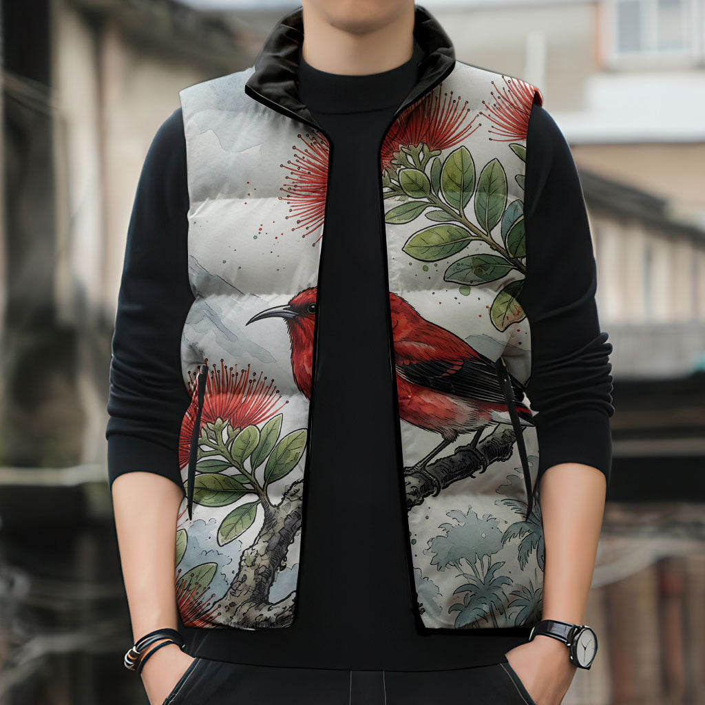 Aloha Hawaii Apapane Ohia Lehua Watercolor Sleeveless Puffer Jacket LT14 - Polynesian Pride