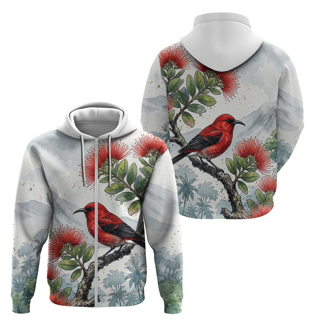 Aloha Hawaii Apapane Ohia Lehua Watercolor Zip Hoodie LT14 - Polynesian Pride