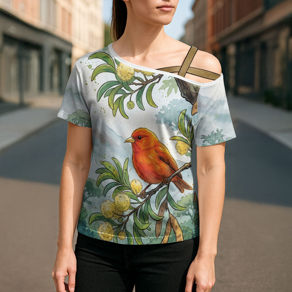 Aloha Hawaii Akepa Koa Tree Watercolor Cross Shoulder Shirt