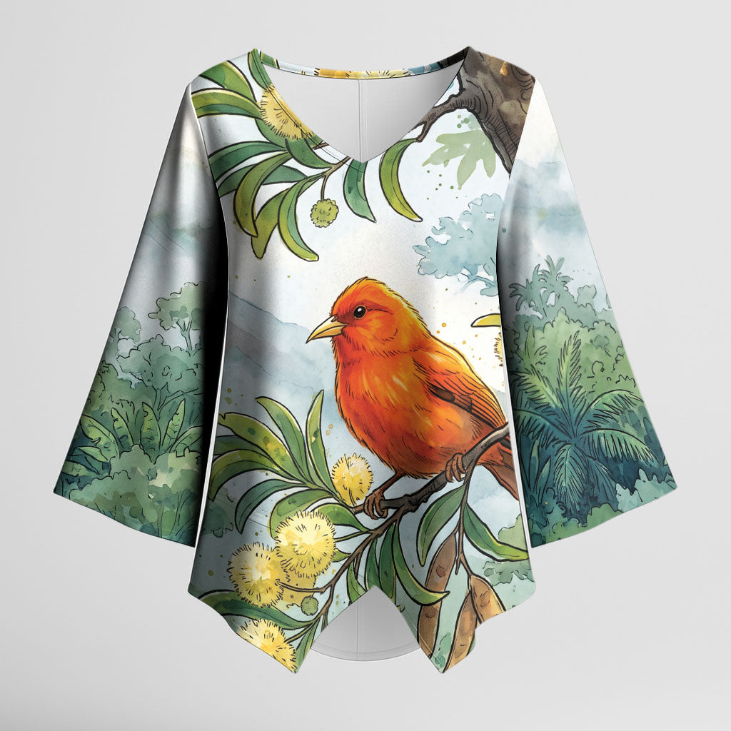 Aloha Hawaii Akepa Koa Tree Watercolor Kimono Sleeve Blouse