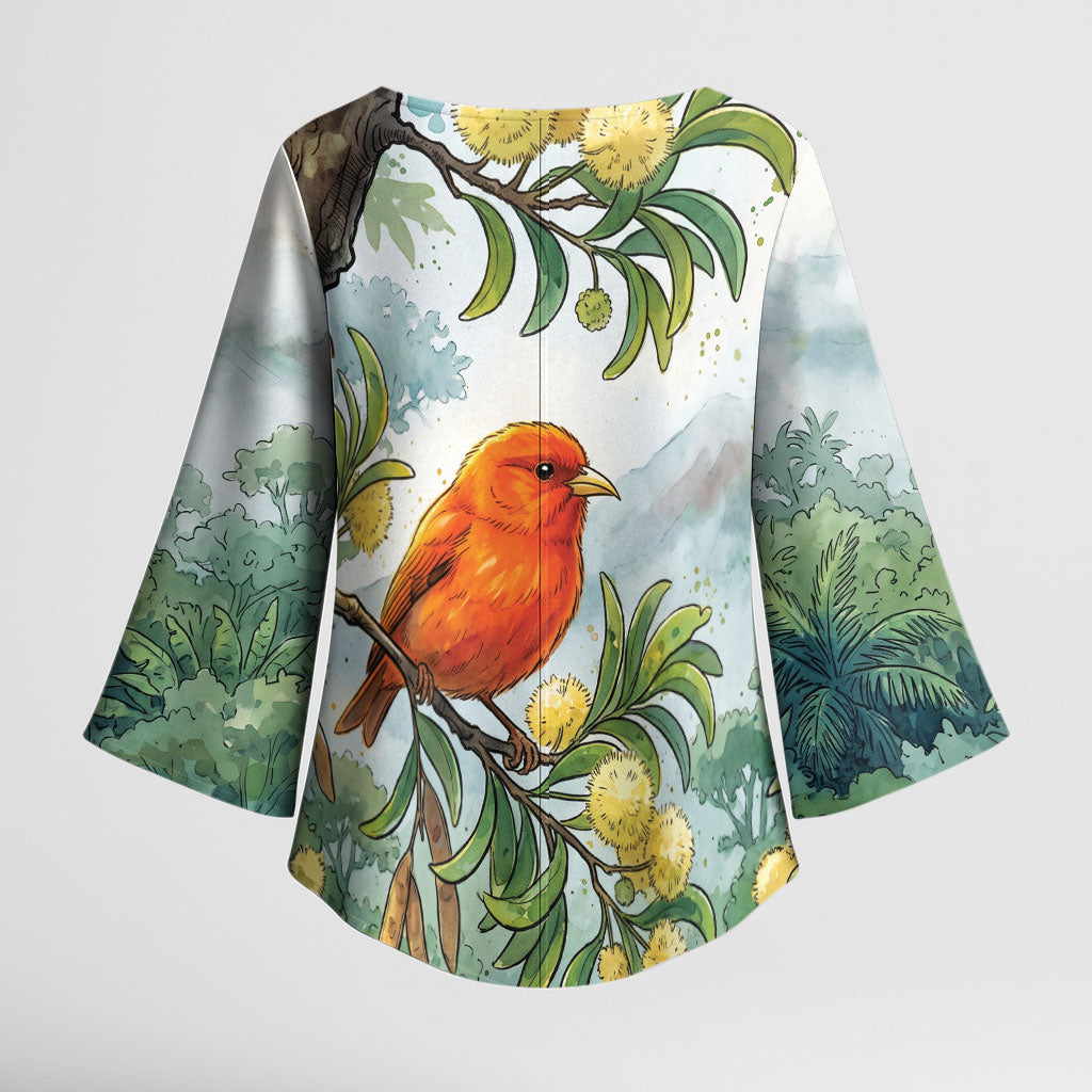 Aloha Hawaii Akepa Koa Tree Watercolor Kimono Sleeve Blouse
