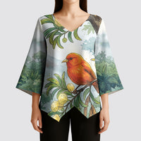 Aloha Hawaii Akepa Koa Tree Watercolor Kimono Sleeve Blouse