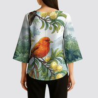 Aloha Hawaii Akepa Koa Tree Watercolor Kimono Sleeve Blouse
