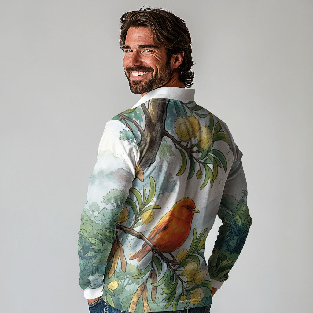 Aloha Hawaii Akepa Koa Tree Watercolor Long Sleeve Polo Shirt LT14 - Polynesian Pride