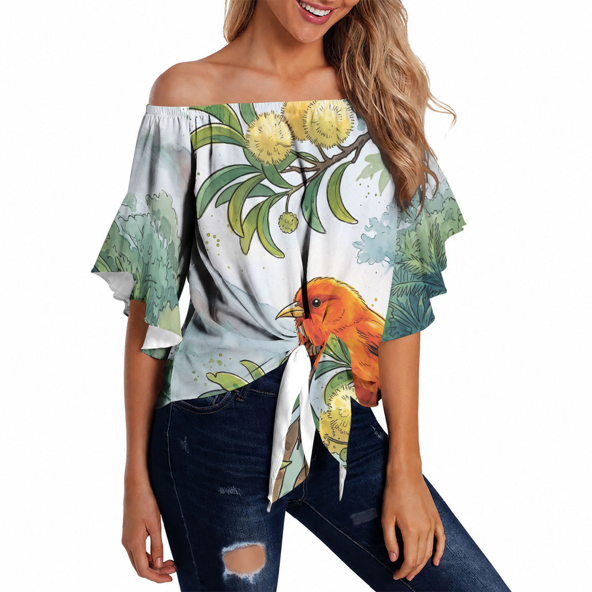 Aloha Hawaii Akepa Koa Tree Watercolor Off Shoulder Wrap Waist Top LT14 Watercolor - Polynesian Pride