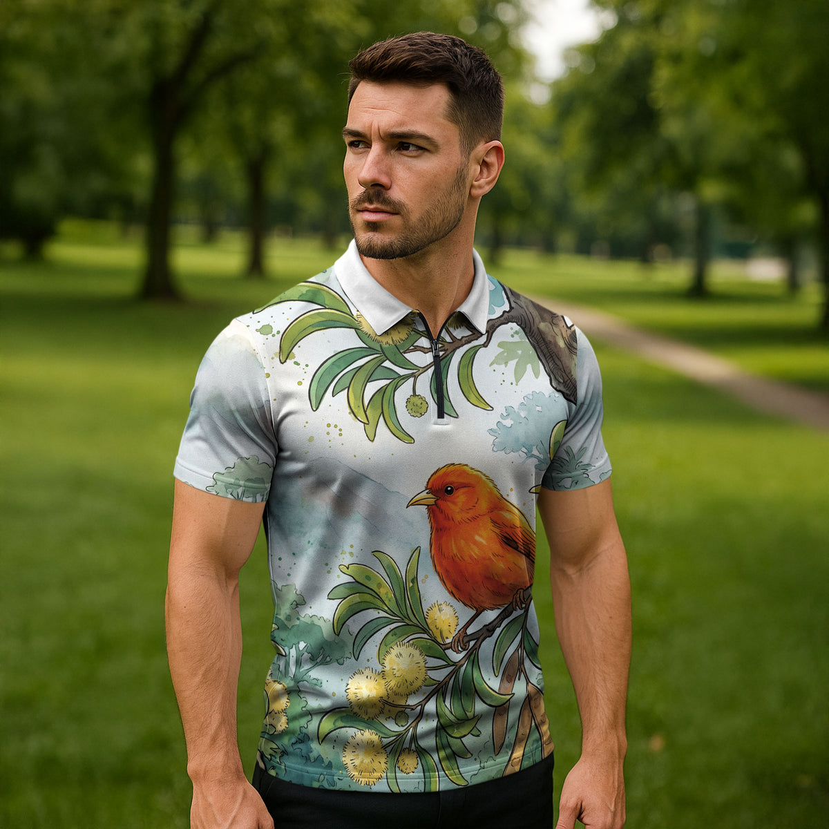 Aloha Hawaii Akepa Koa Tree Watercolor Zipper Polo Shirt LT14 - Polynesian Pride