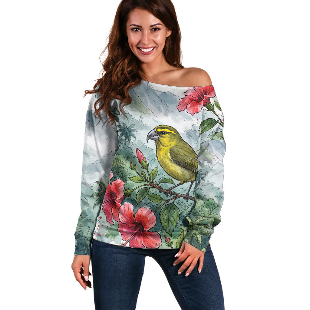 Aloha Hawaii Maui Parrotbill Hibiscus Watercolor Off Shoulder Sweater