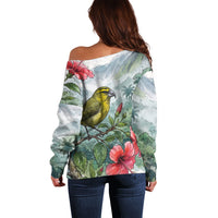 Aloha Hawaii Maui Parrotbill Hibiscus Watercolor Off Shoulder Sweater