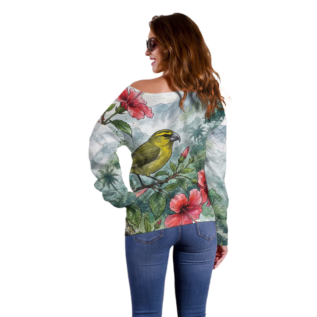 Aloha Hawaii Maui Parrotbill Hibiscus Watercolor Off Shoulder Sweater