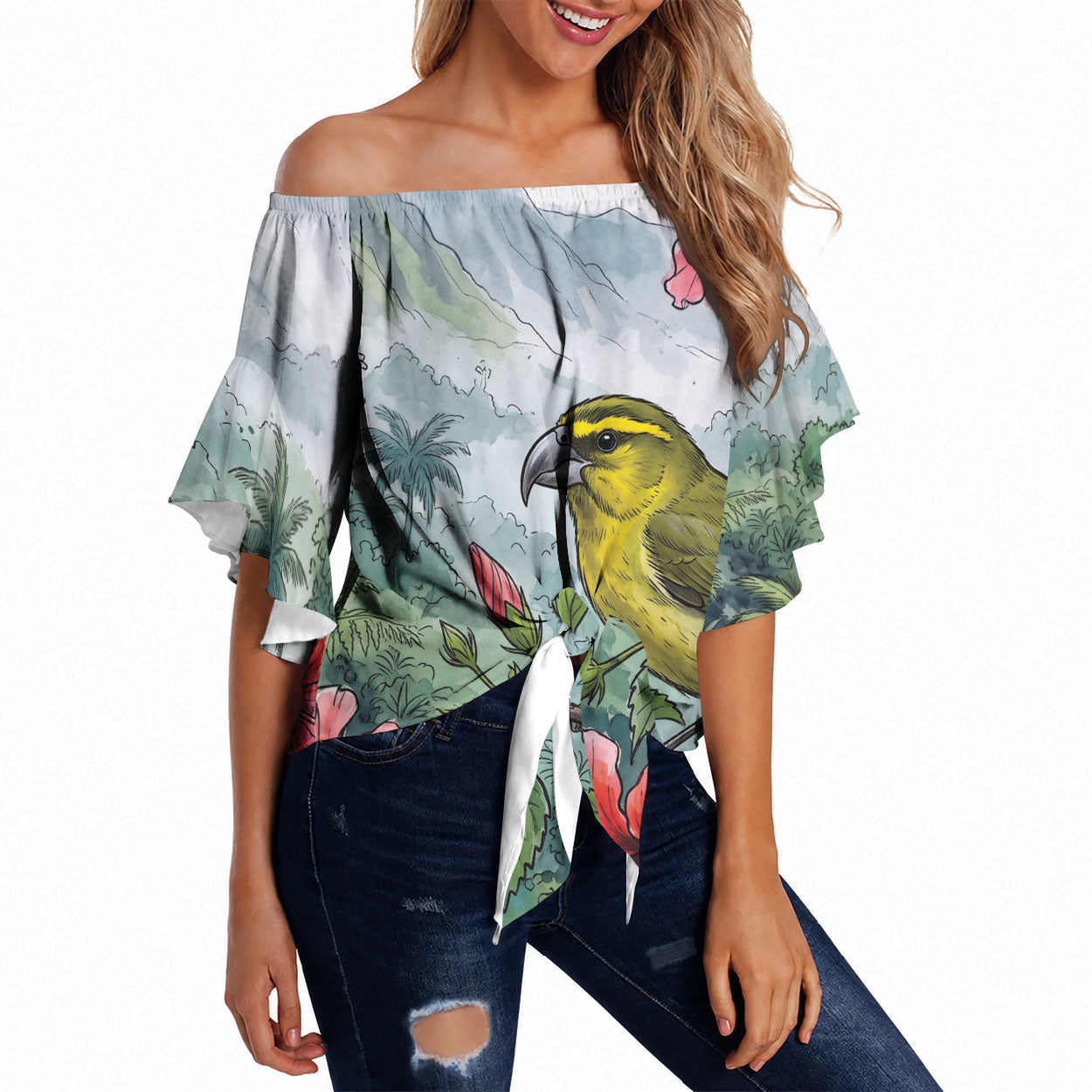 Aloha Hawaii Maui Parrotbill Hibiscus Watercolor Off Shoulder Wrap Waist Top LT14 Watercolor - Polynesian Pride