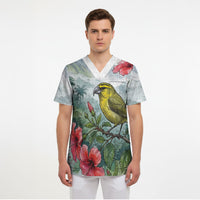 Aloha Hawaii Maui Parrotbill Hibiscus Watercolor Scrub Top LT14 - Polynesian Pride