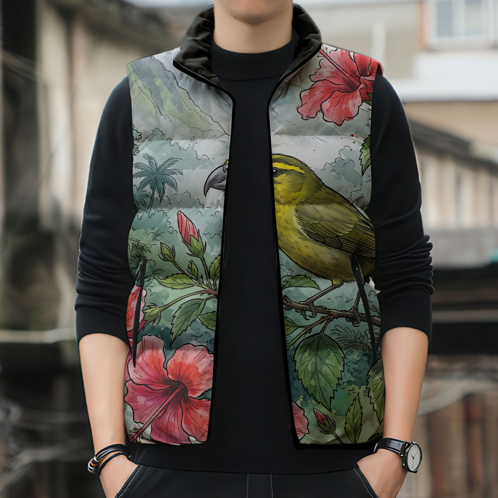 Aloha Hawaii Maui Parrotbill Hibiscus Watercolor Sleeveless Puffer Jacket LT14 - Polynesian Pride