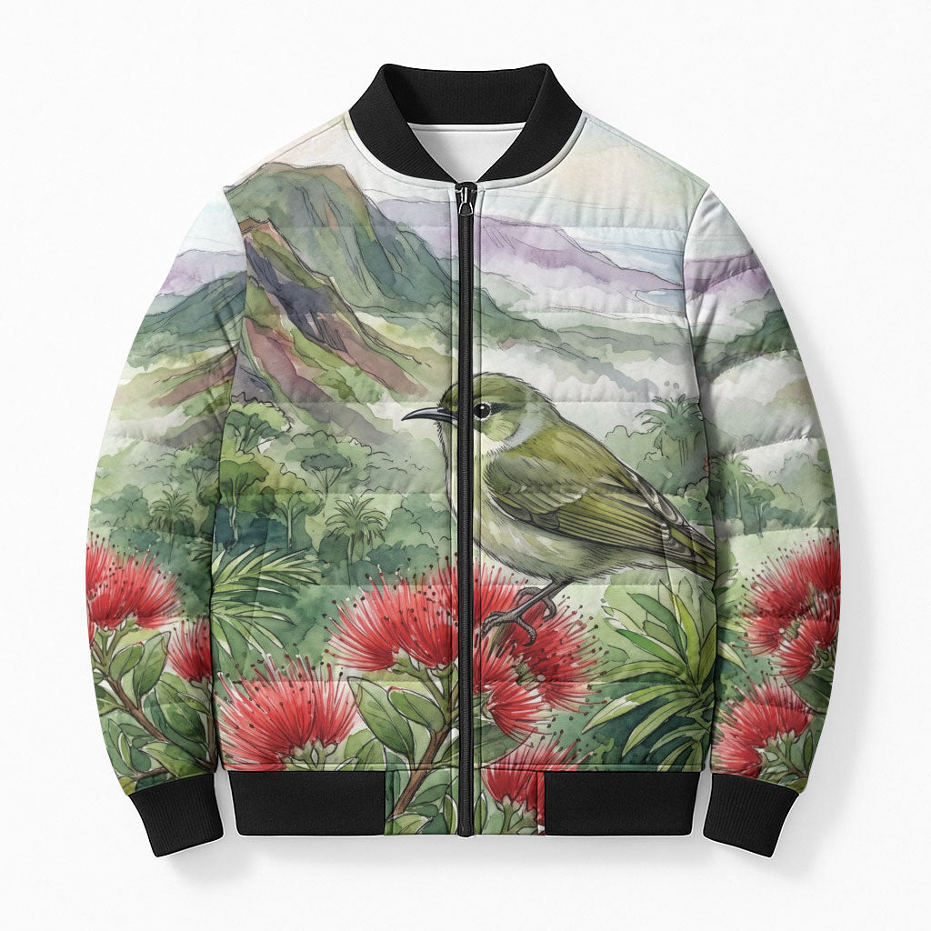 Aloha Hawaii Creeper Ohia Lehua Watercolor Bomber Puffer Jacket