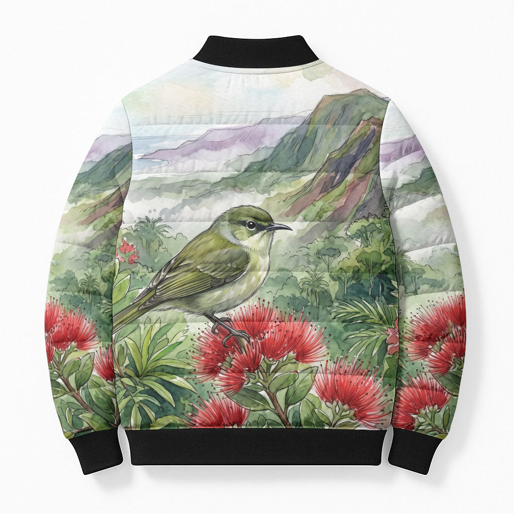 Aloha Hawaii Creeper Ohia Lehua Watercolor Bomber Puffer Jacket
