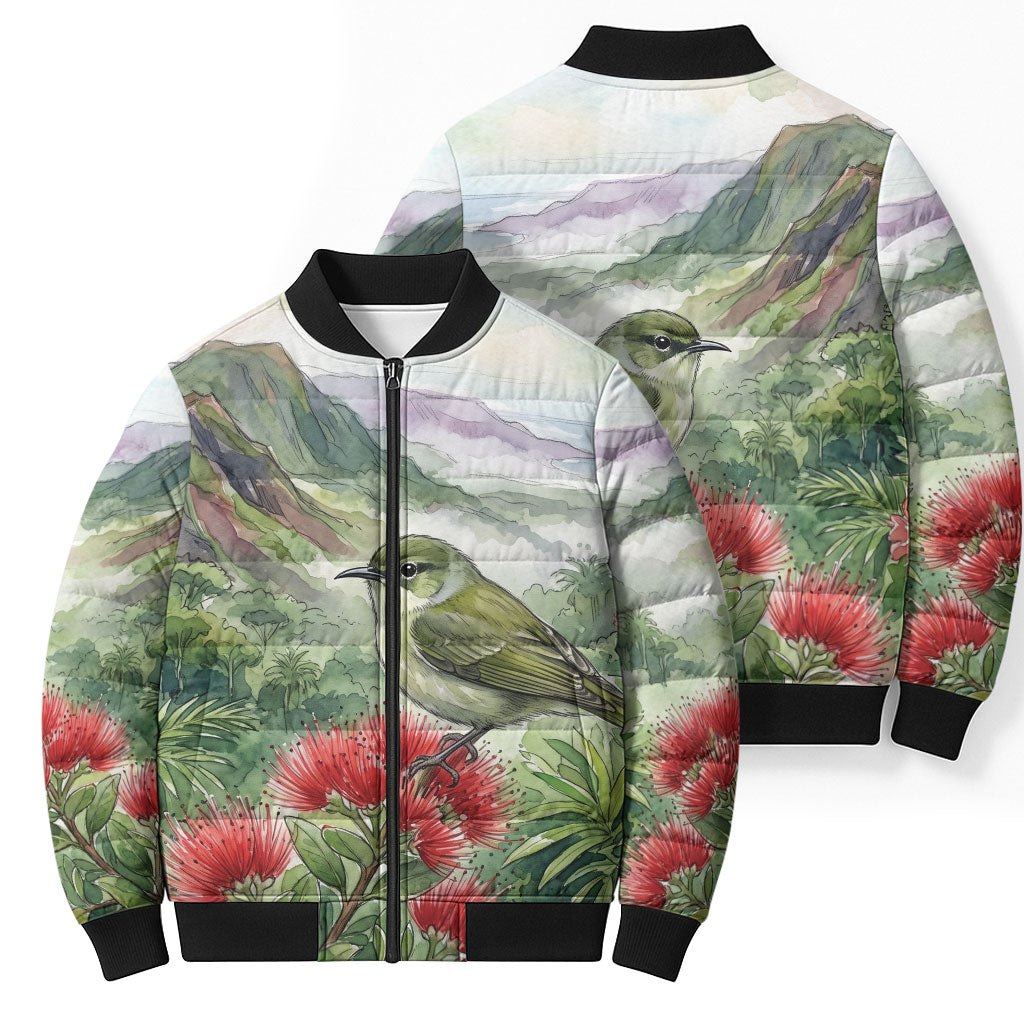 Aloha Hawaii Creeper Ohia Lehua Watercolor Bomber Puffer Jacket