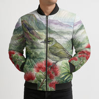 Aloha Hawaii Creeper Ohia Lehua Watercolor Bomber Puffer Jacket