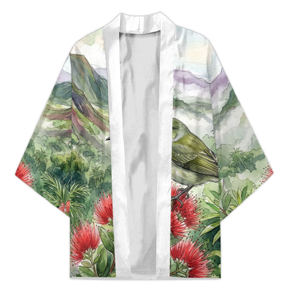 Aloha Hawaii Creeper Ohia Lehua Watercolor Kimono