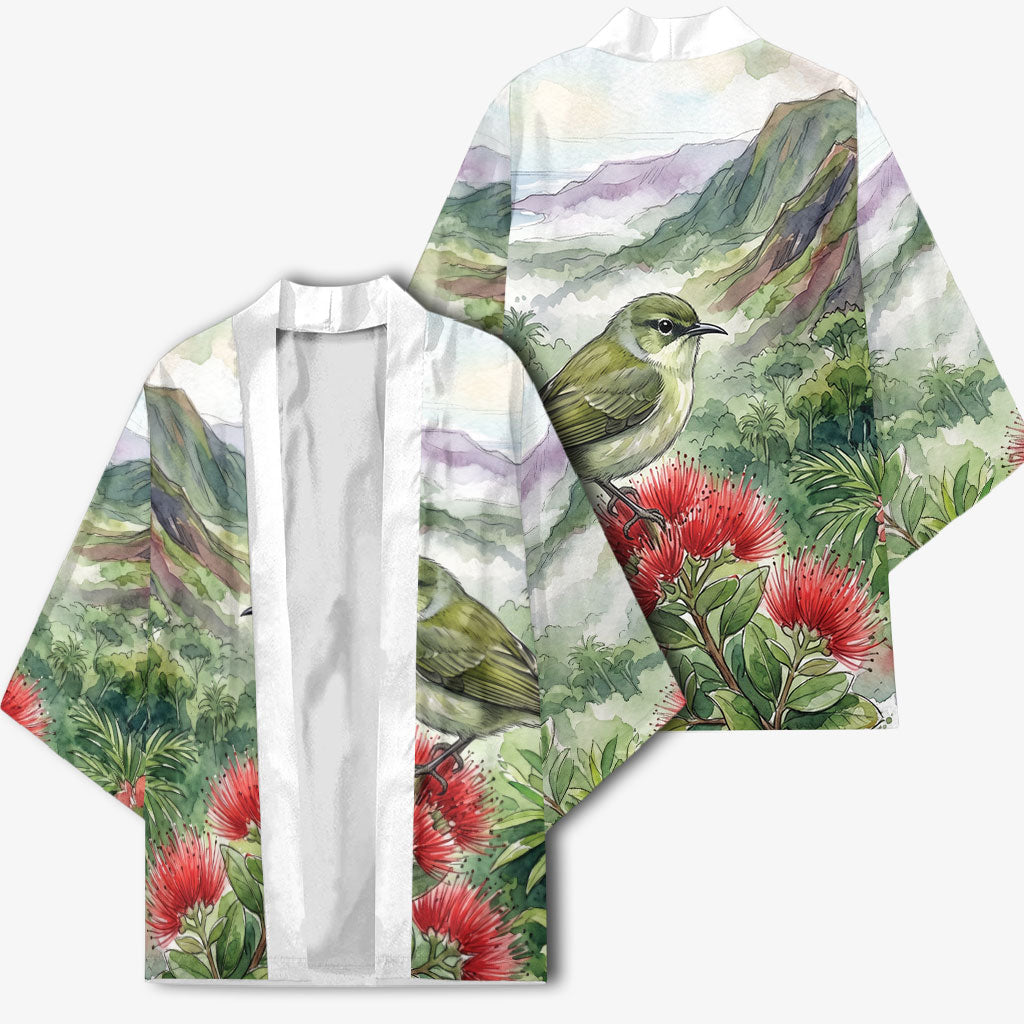 Aloha Hawaii Creeper Ohia Lehua Watercolor Kimono