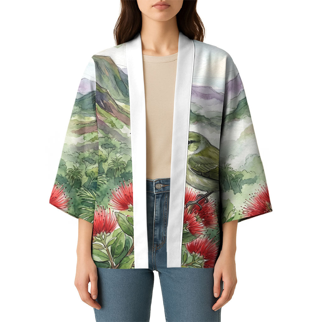 Aloha Hawaii Creeper Ohia Lehua Watercolor Kimono