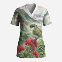 Aloha Hawaii Creeper Ohia Lehua Watercolor Scrub Top