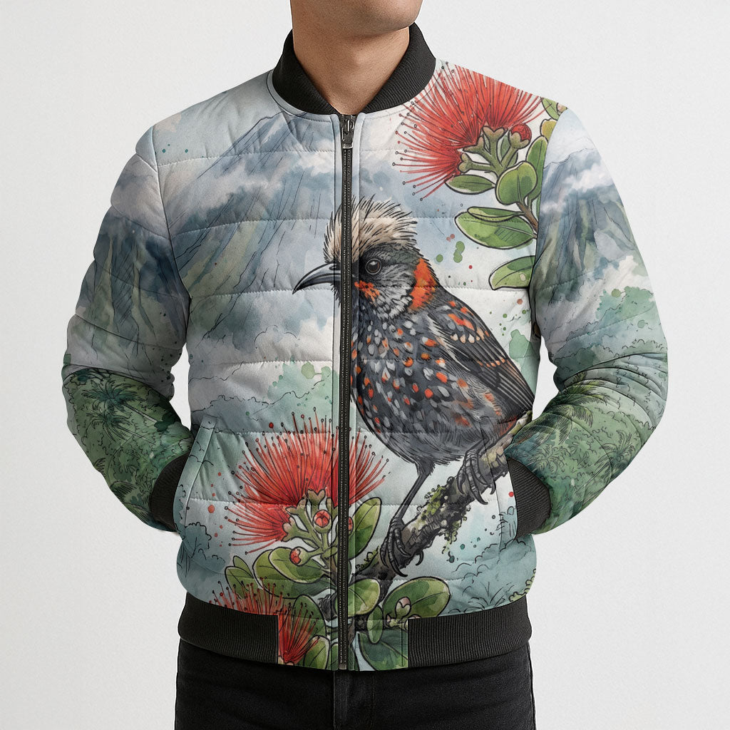 Aloha Hawaii Akohekohe Ohia Lehua Watercolor Bomber Puffer Jacket LT14 - Polynesian Pride