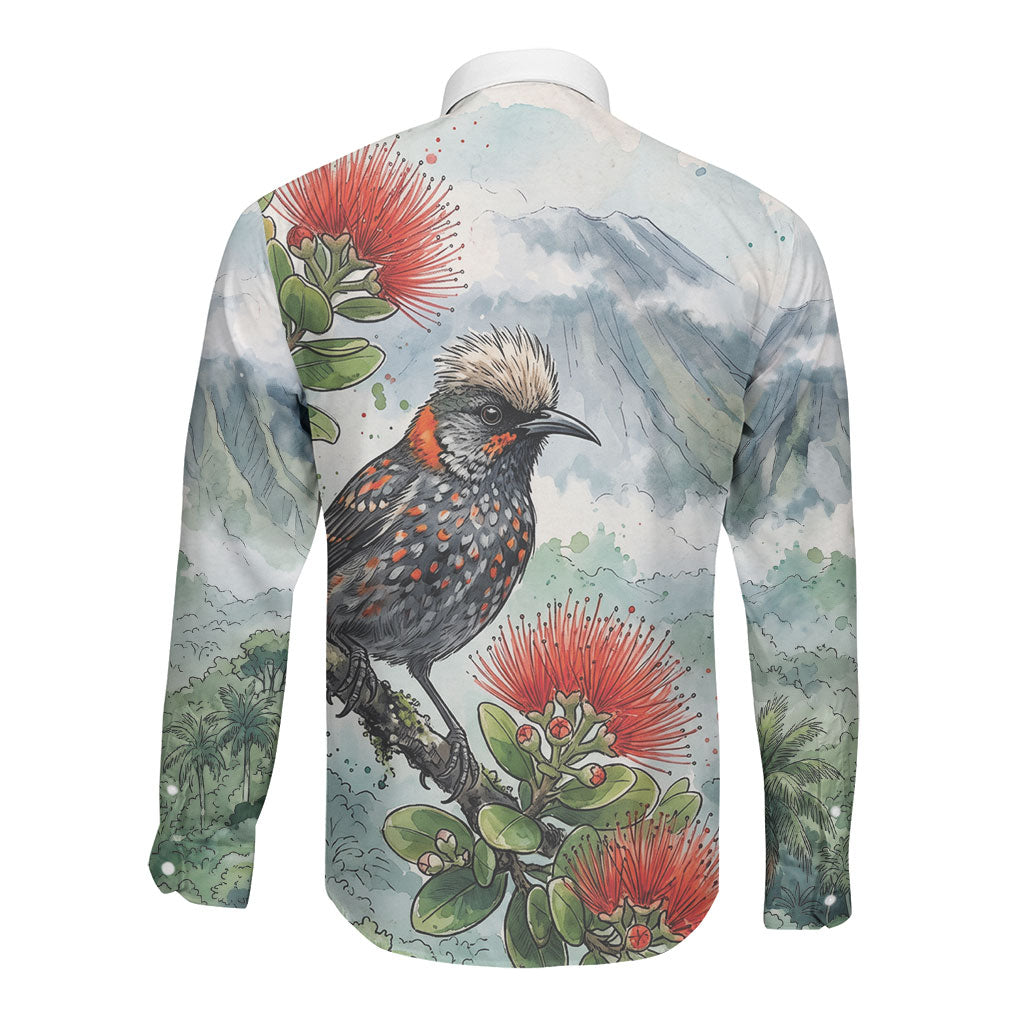 Aloha Hawaii Akohekohe Ohia Lehua Watercolor Long Sleeve Button Shirt LT14 - Polynesian Pride