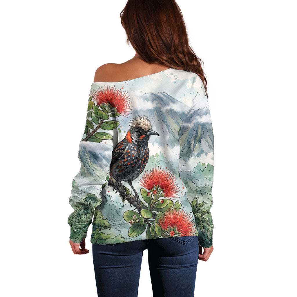 Aloha Hawaii Akohekohe Ohia Lehua Watercolor Off Shoulder Sweater LT14 - Polynesian Pride
