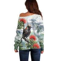 Aloha Hawaii Akohekohe Ohia Lehua Watercolor Off Shoulder Sweater LT14 - Polynesian Pride
