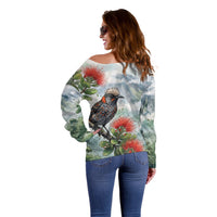 Aloha Hawaii Akohekohe Ohia Lehua Watercolor Off Shoulder Sweater LT14 - Polynesian Pride