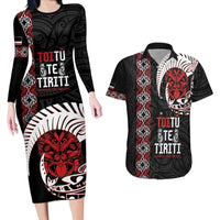 Aotearoa Toitu Te Tiriti Couples Matching Long Sleeve Bodycon Dress and Hawaiian Shirt Honour The Treaty Maori Haka LT14 Black - Polynesian Pride