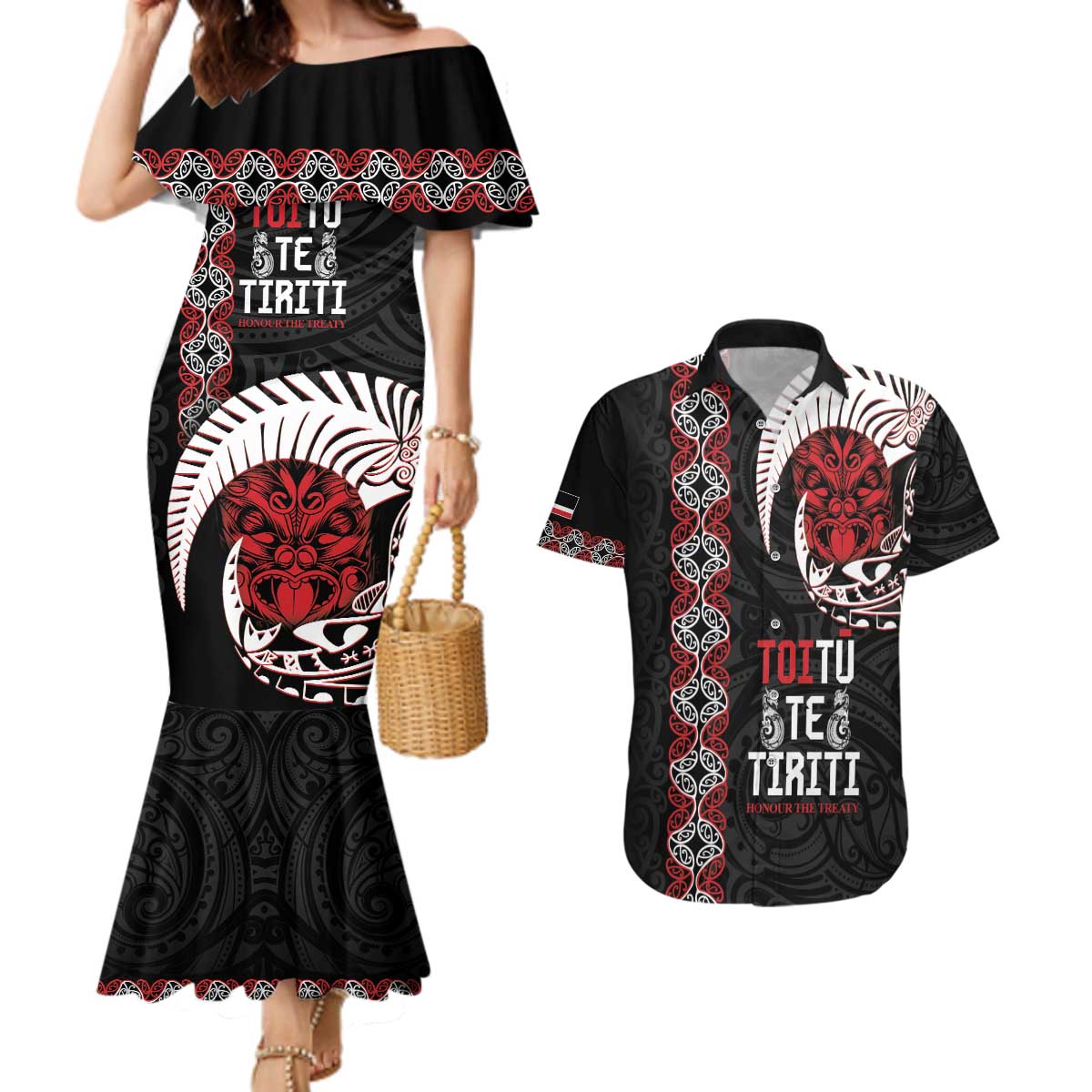 Aotearoa Toitu Te Tiriti Couples Matching Mermaid Dress and Hawaiian Shirt Honour The Treaty Maori Haka LT14 Black - Polynesian Pride