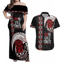 Aotearoa Toitu Te Tiriti Couples Matching Off Shoulder Maxi Dress and Hawaiian Shirt Honour The Treaty Maori Haka LT14 Black - Polynesian Pride