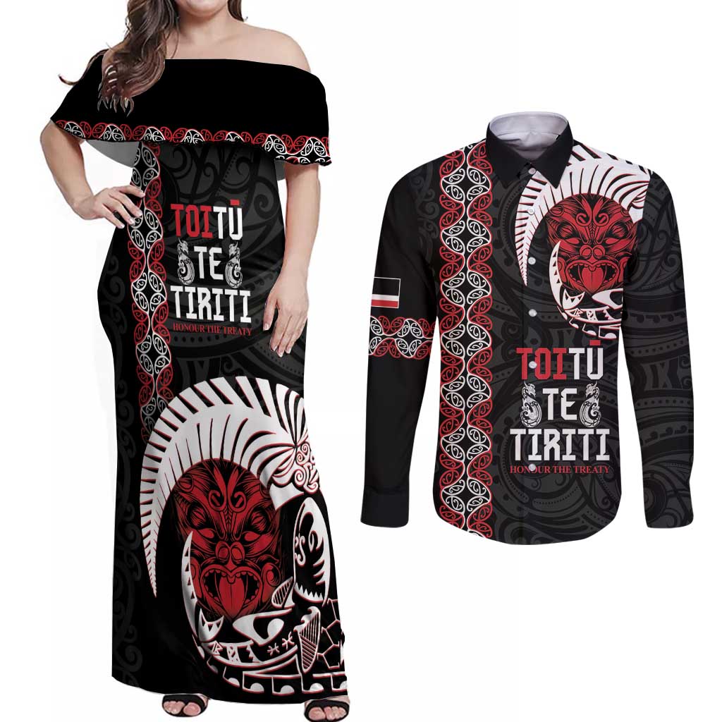 Aotearoa Toitu Te Tiriti Couples Matching Off Shoulder Maxi Dress and Long Sleeve Button Shirt Honour The Treaty Maori Haka