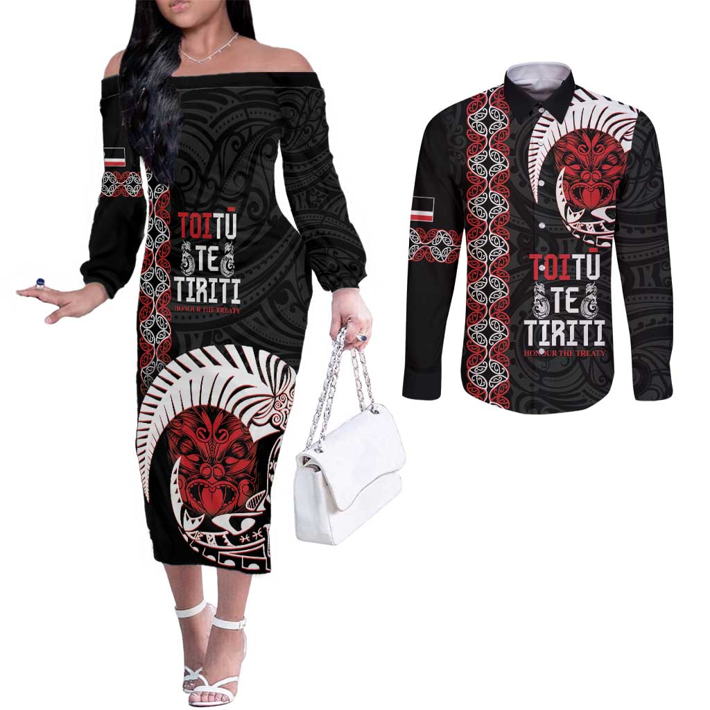 Aotearoa Toitu Te Tiriti Couples Matching Off The Shoulder Long Sleeve Dress and Long Sleeve Button Shirt Honour The Treaty Maori Haka