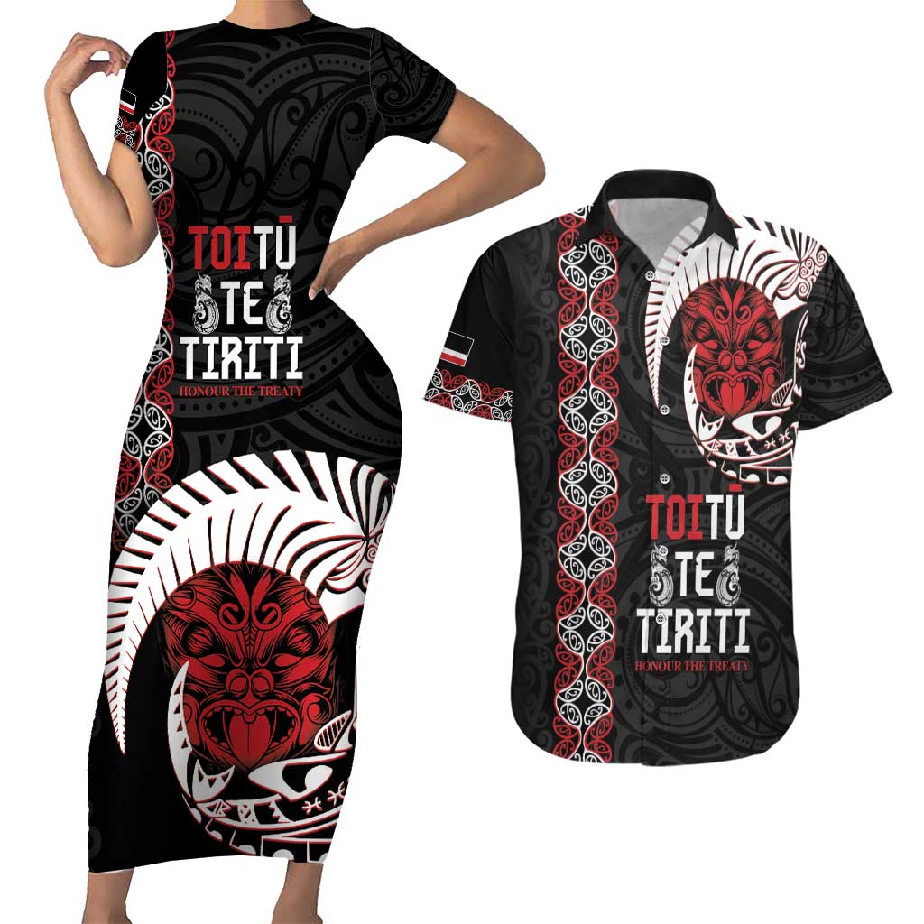 Aotearoa Toitu Te Tiriti Couples Matching Short Sleeve Bodycon Dress and Hawaiian Shirt Honour The Treaty Maori Haka LT14 Black - Polynesian Pride