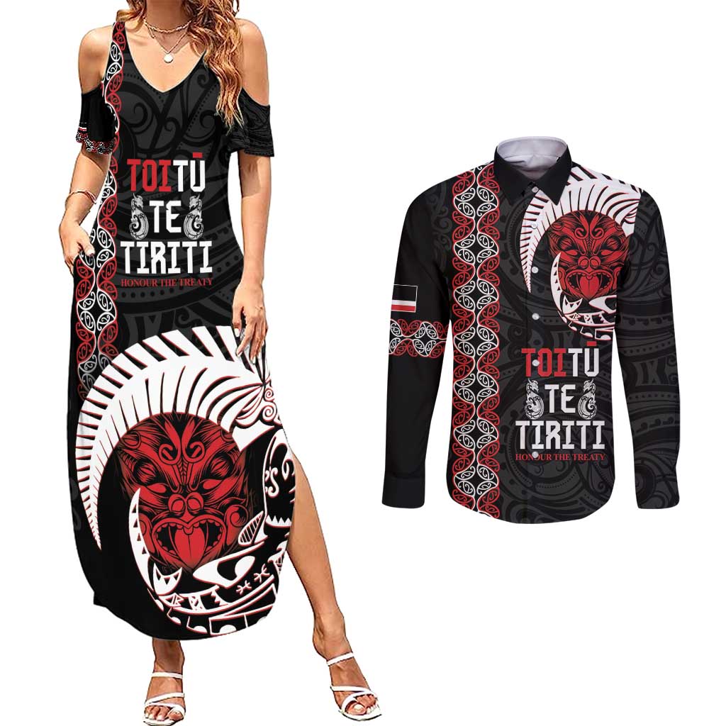 Aotearoa Toitu Te Tiriti Couples Matching Summer Maxi Dress and Long Sleeve Button Shirt Honour The Treaty Maori Haka